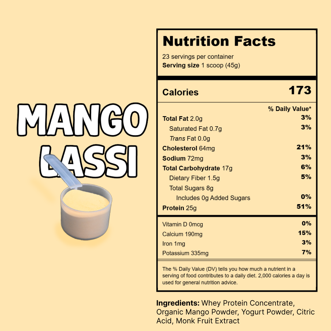 Nutrition facts label for mango lassi-flavored protein powder on a beige background