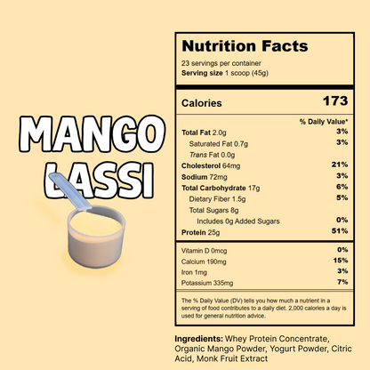Nutrition facts label for mango lassi-flavored protein powder on a beige background